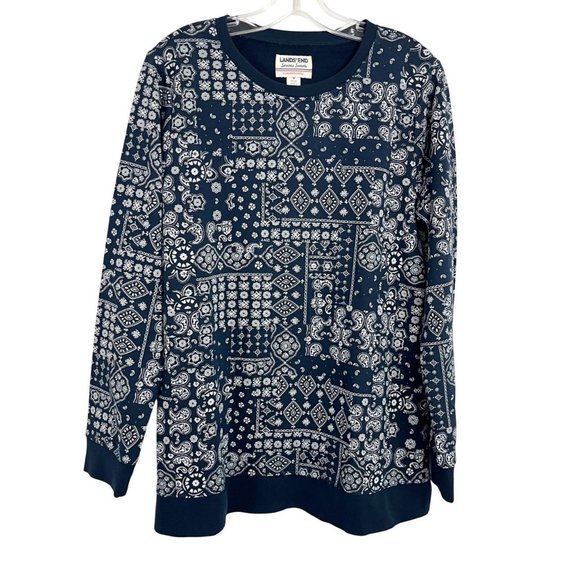 Lands End Serious Sweats Navy Blue & White Bandana Paisley Sweatshirt MEDIUM - Picture 1 of 6